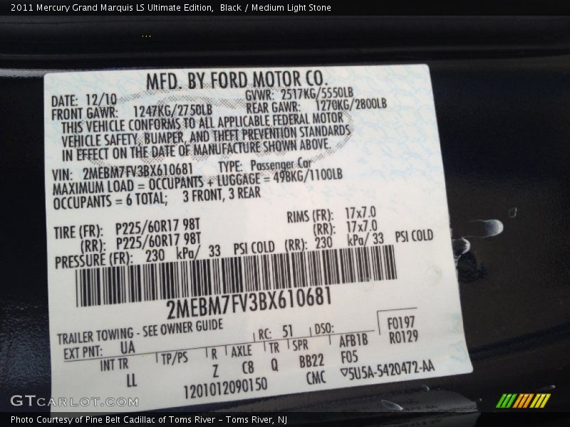 Black / Medium Light Stone 2011 Mercury Grand Marquis LS Ultimate Edition