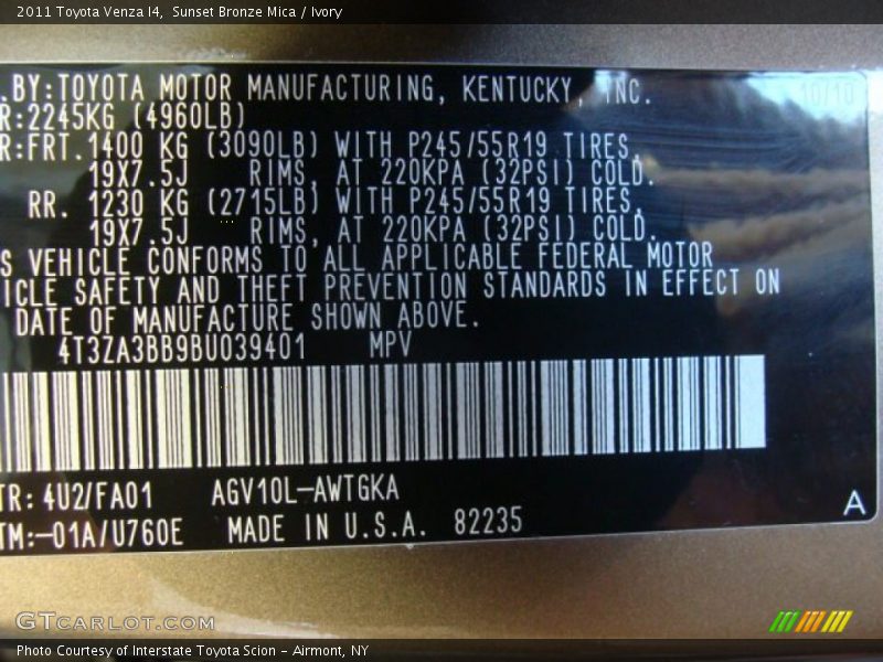 Sunset Bronze Mica / Ivory 2011 Toyota Venza I4