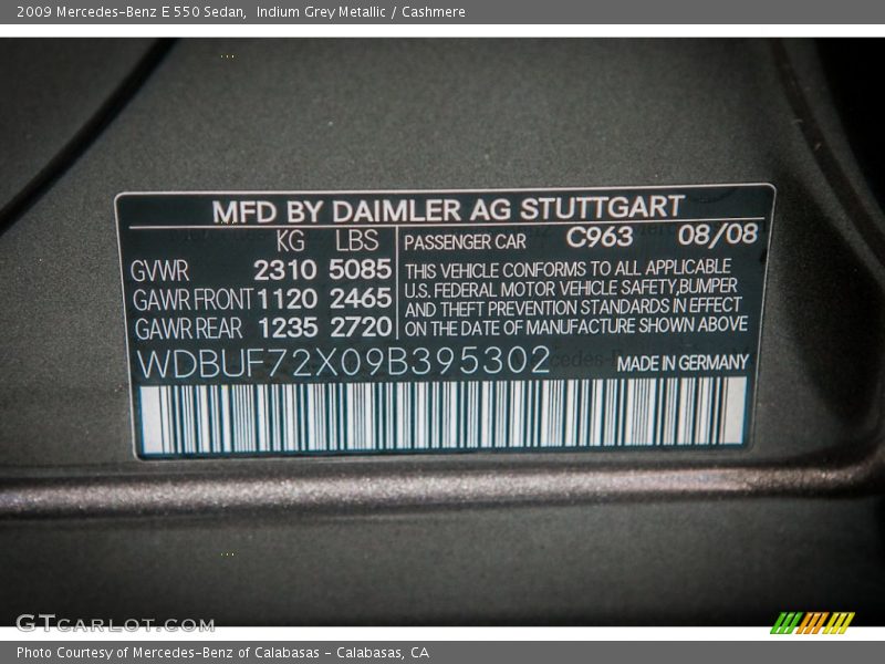 2009 E 550 Sedan Indium Grey Metallic Color Code 963