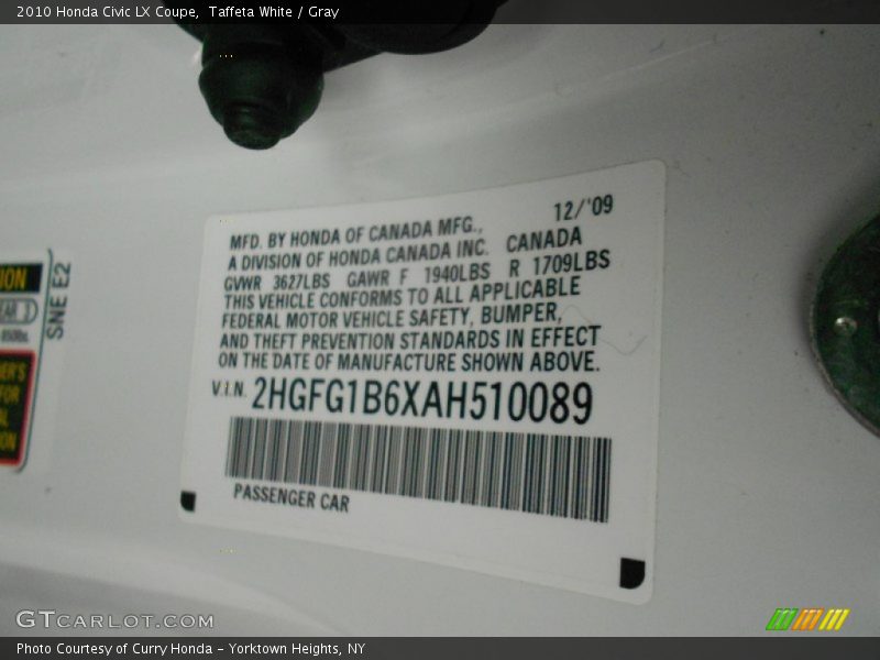 Taffeta White / Gray 2010 Honda Civic LX Coupe