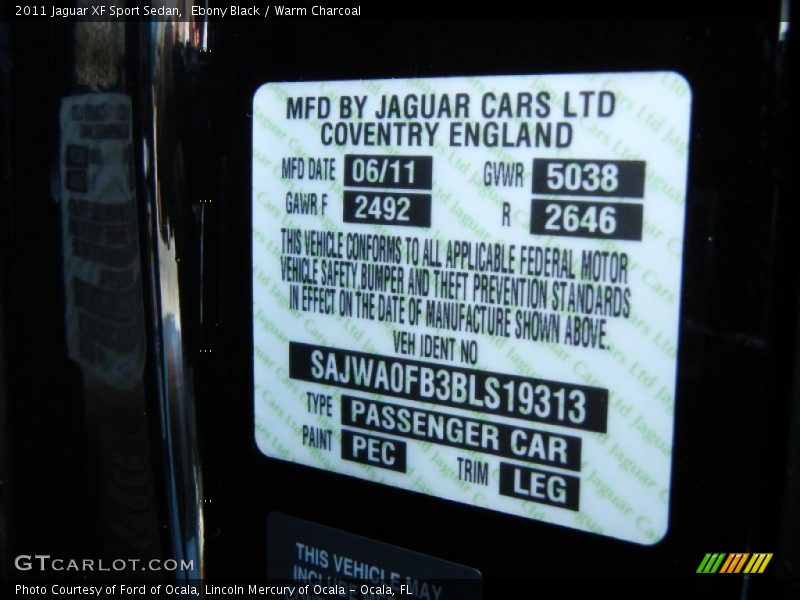 2011 XF Sport Sedan Ebony Black Color Code PEC