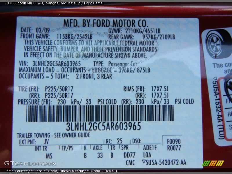 Sangria Red Metallic / Light Camel 2010 Lincoln MKZ FWD