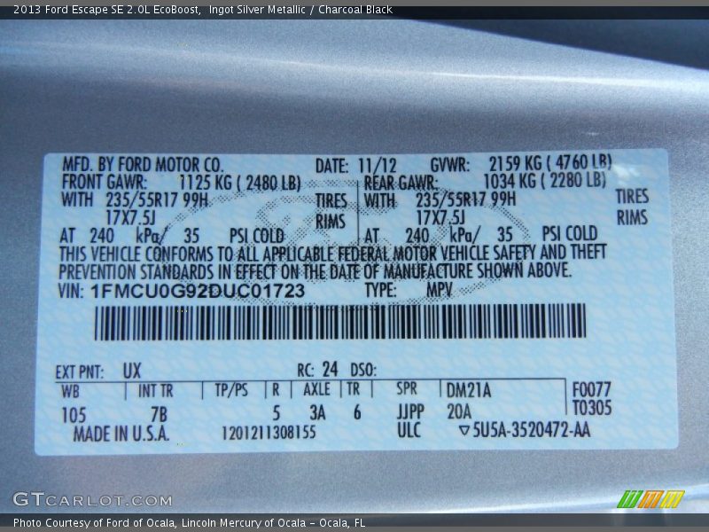Ingot Silver Metallic / Charcoal Black 2013 Ford Escape SE 2.0L EcoBoost