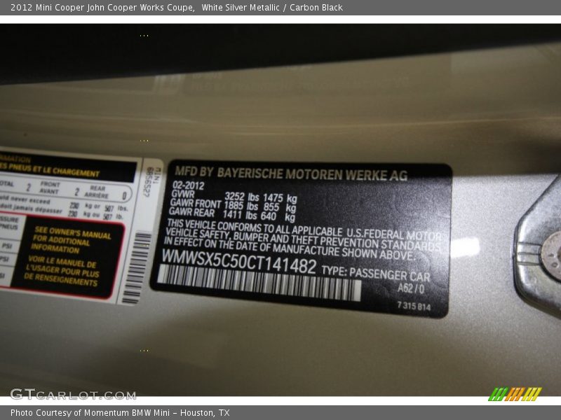 White Silver Metallic / Carbon Black 2012 Mini Cooper John Cooper Works Coupe