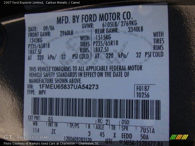 2007 Explorer Limited Carbon Metallic Color Code G5