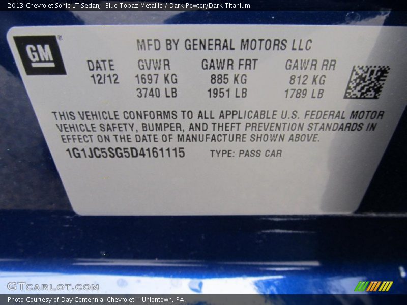 Blue Topaz Metallic / Dark Pewter/Dark Titanium 2013 Chevrolet Sonic LT Sedan