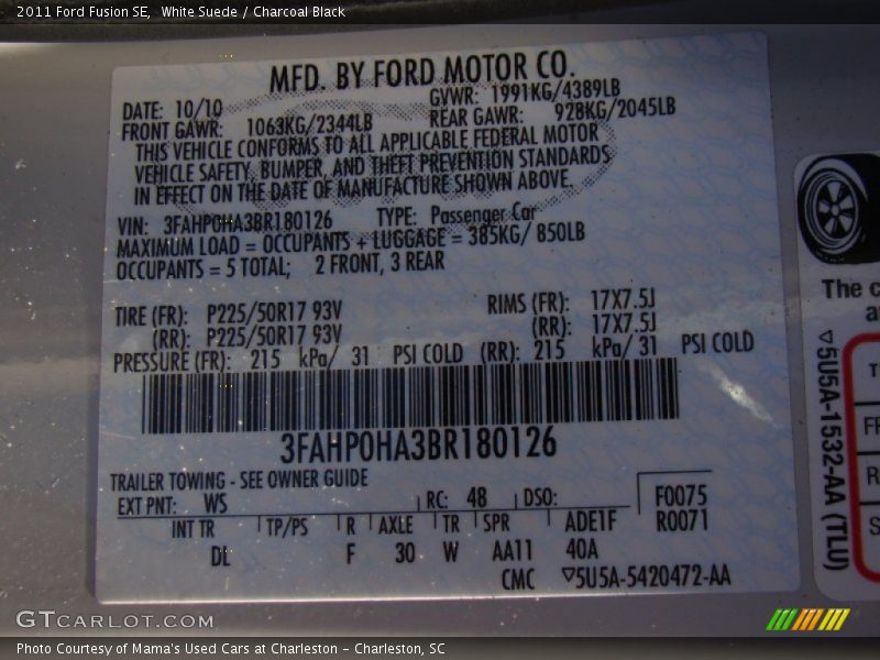 White Suede / Charcoal Black 2011 Ford Fusion SE