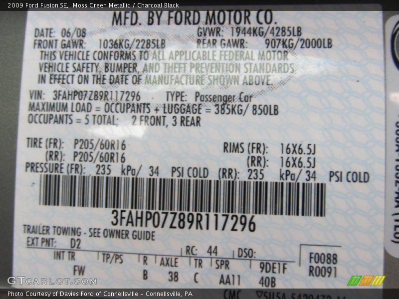 Moss Green Metallic / Charcoal Black 2009 Ford Fusion SE