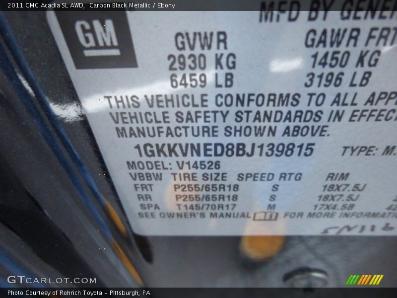 Carbon Black Metallic / Ebony 2011 GMC Acadia SL AWD