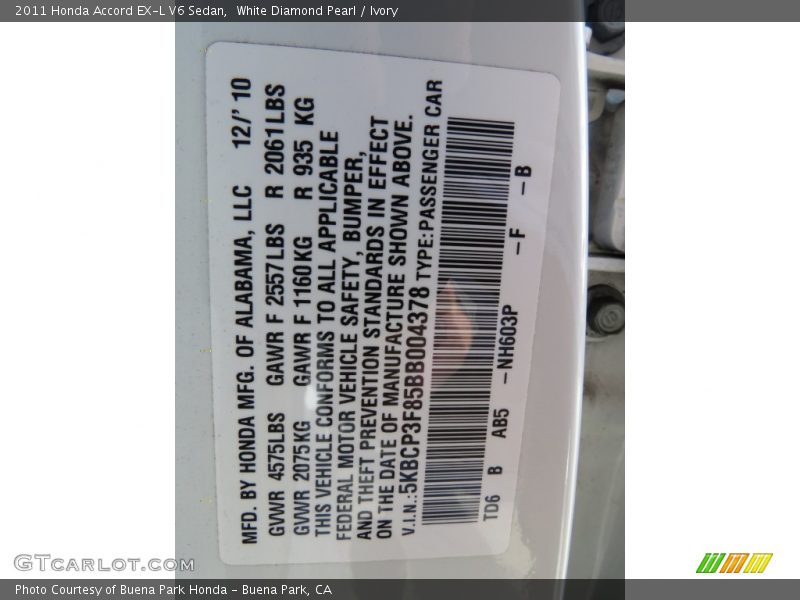 White Diamond Pearl / Ivory 2011 Honda Accord EX-L V6 Sedan