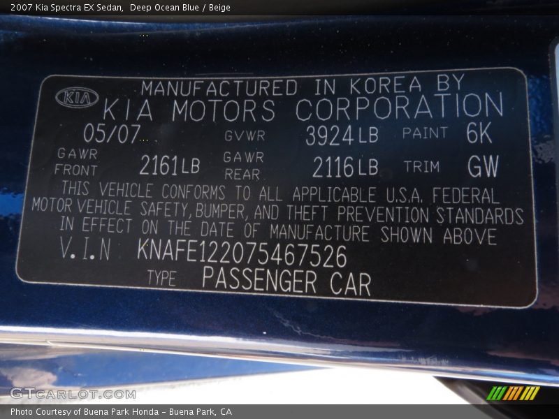 Deep Ocean Blue / Beige 2007 Kia Spectra EX Sedan