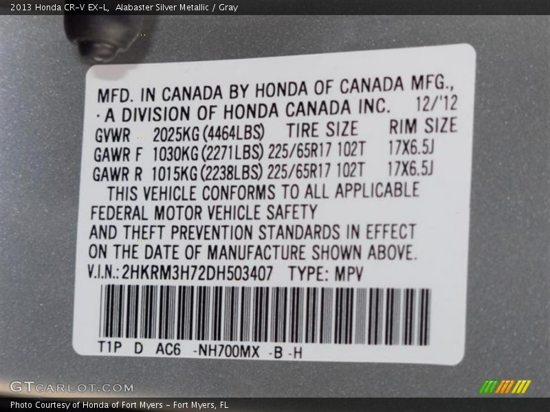 Alabaster Silver Metallic / Gray 2013 Honda CR-V EX-L