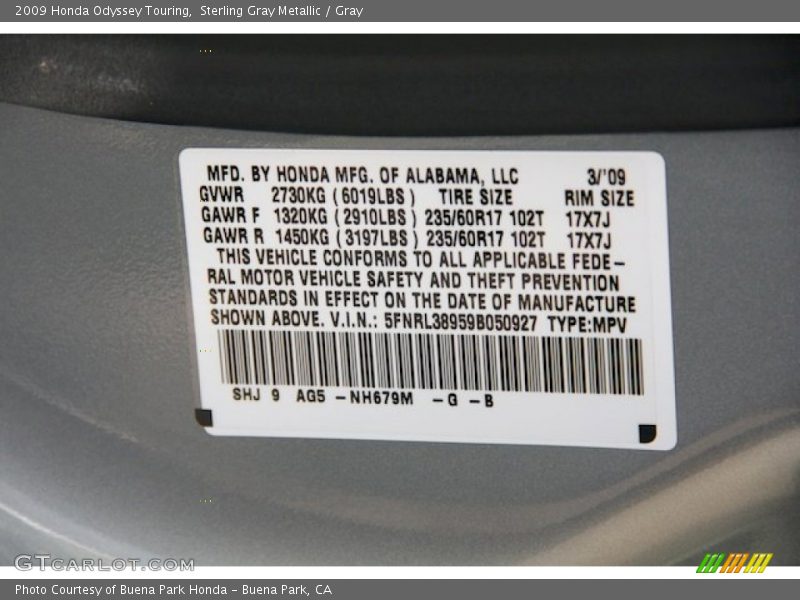 Sterling Gray Metallic / Gray 2009 Honda Odyssey Touring