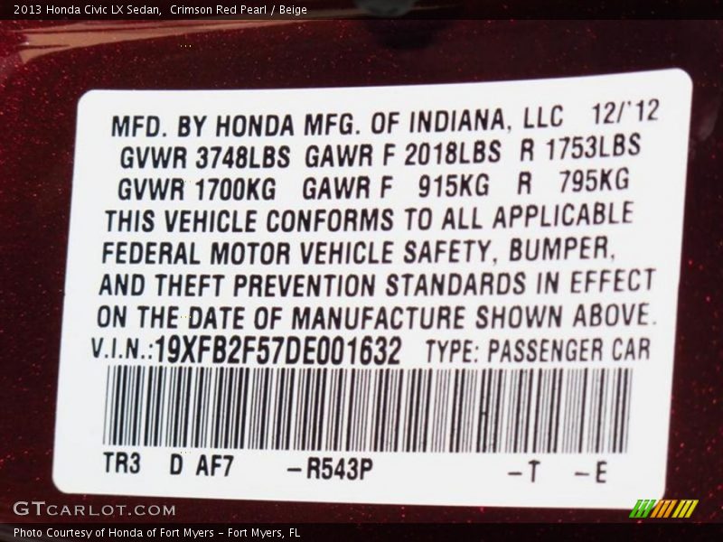 2013 Civic LX Sedan Crimson Red Pearl Color Code R543P