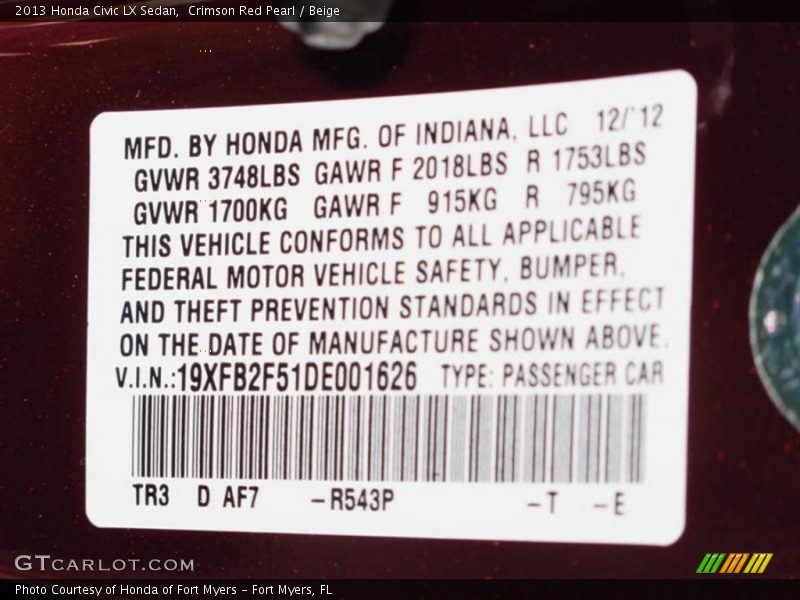 Crimson Red Pearl / Beige 2013 Honda Civic LX Sedan