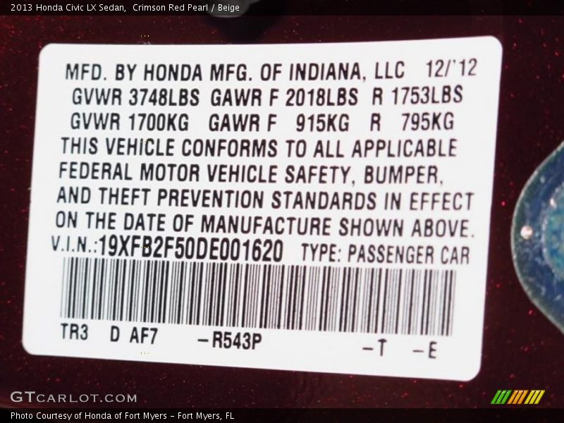 Crimson Red Pearl / Beige 2013 Honda Civic LX Sedan