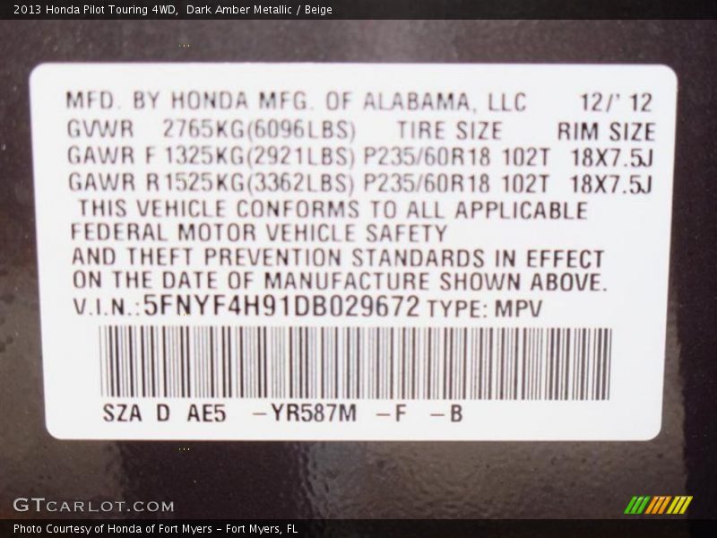 Dark Amber Metallic / Beige 2013 Honda Pilot Touring 4WD