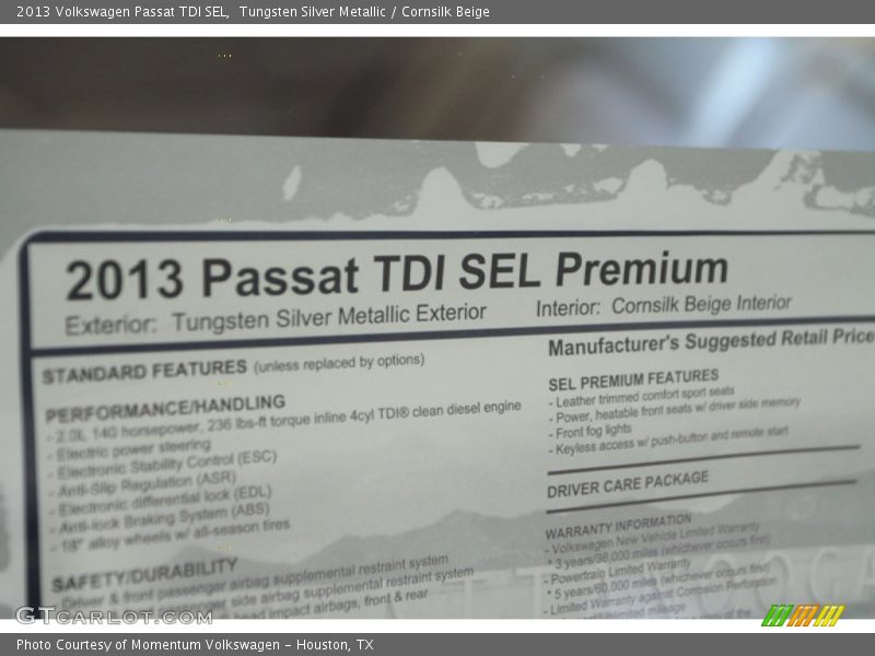 Tungsten Silver Metallic / Cornsilk Beige 2013 Volkswagen Passat TDI SEL