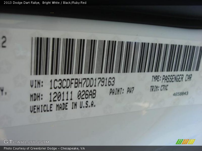 Bright White / Black/Ruby Red 2013 Dodge Dart Rallye