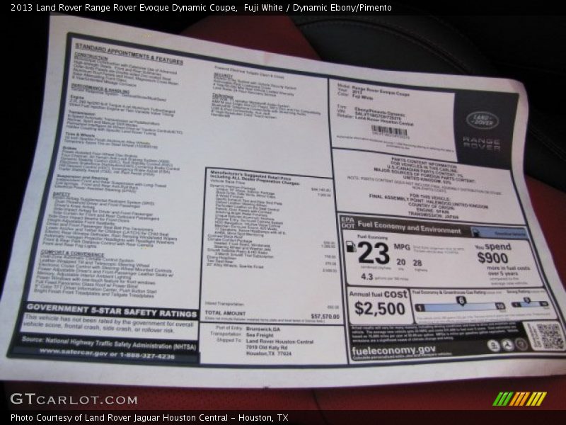  2013 Range Rover Evoque Dynamic Coupe Window Sticker