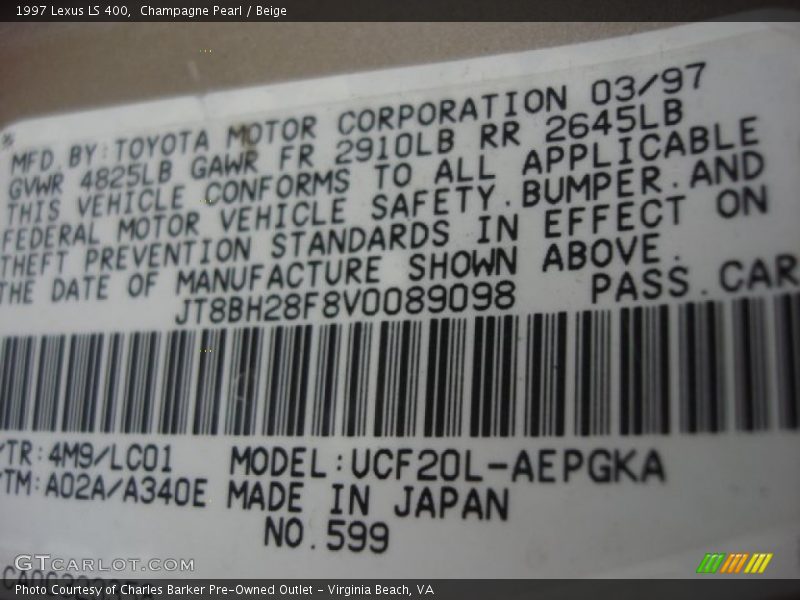 1997 LS 400 Champagne Pearl Color Code 4M9