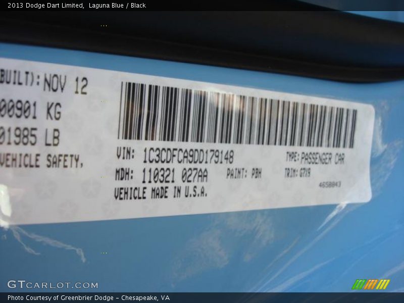 2013 Dart Limited Laguna Blue Color Code PBH