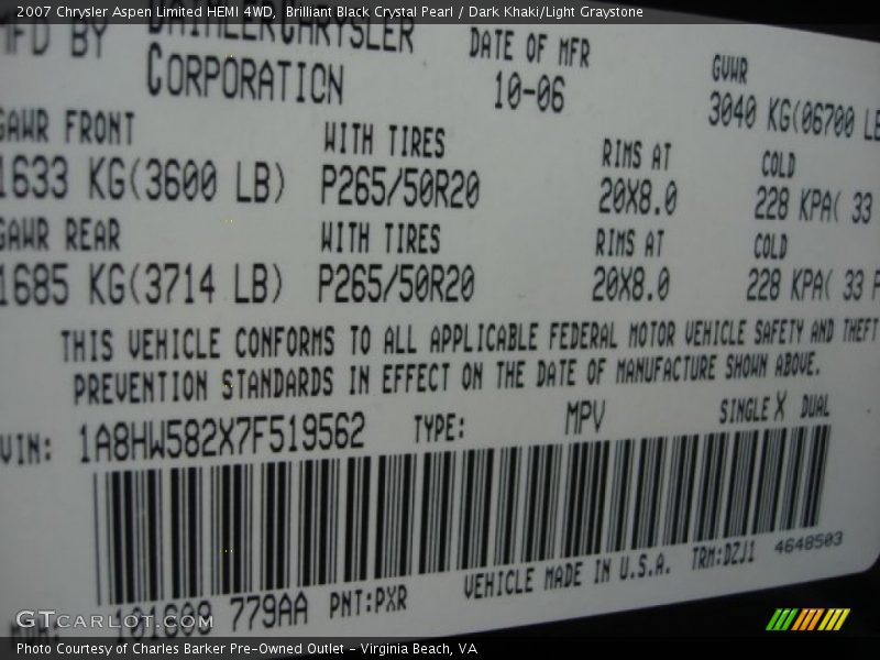 Brilliant Black Crystal Pearl / Dark Khaki/Light Graystone 2007 Chrysler Aspen Limited HEMI 4WD