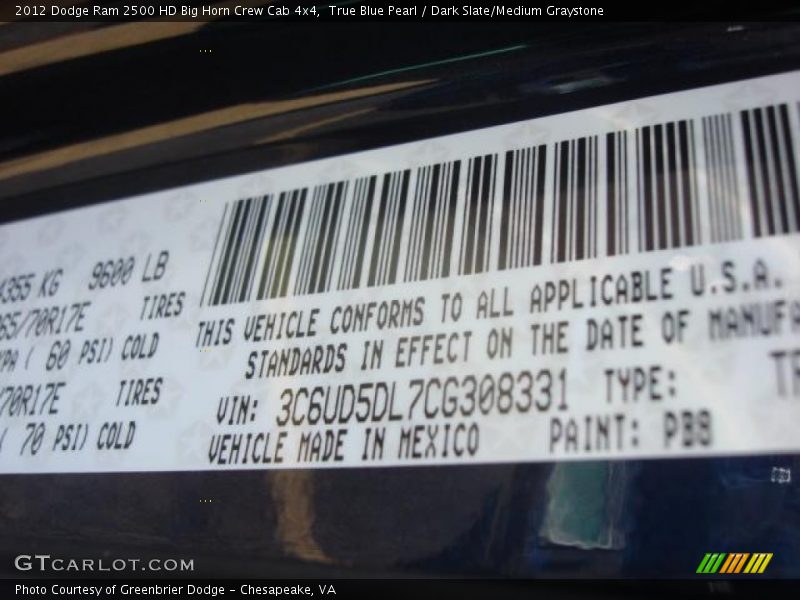 True Blue Pearl / Dark Slate/Medium Graystone 2012 Dodge Ram 2500 HD Big Horn Crew Cab 4x4