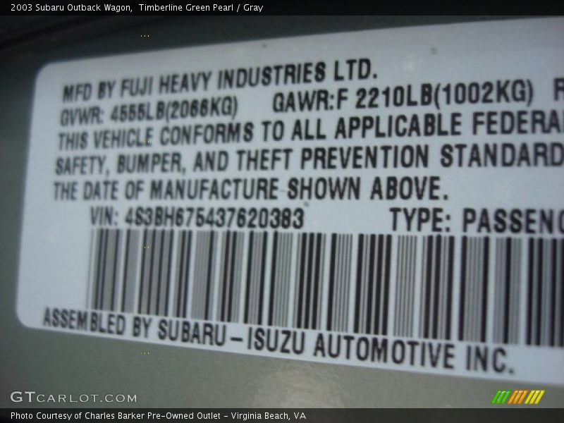 Timberline Green Pearl / Gray 2003 Subaru Outback Wagon
