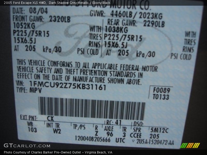 Dark Shadow Grey Metallic / Ebony Black 2005 Ford Escape XLS 4WD