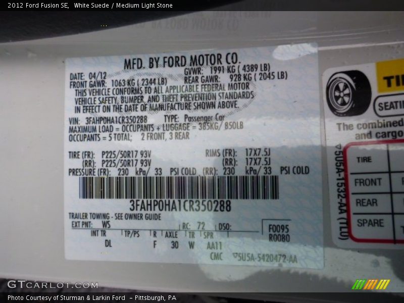 White Suede / Medium Light Stone 2012 Ford Fusion SE