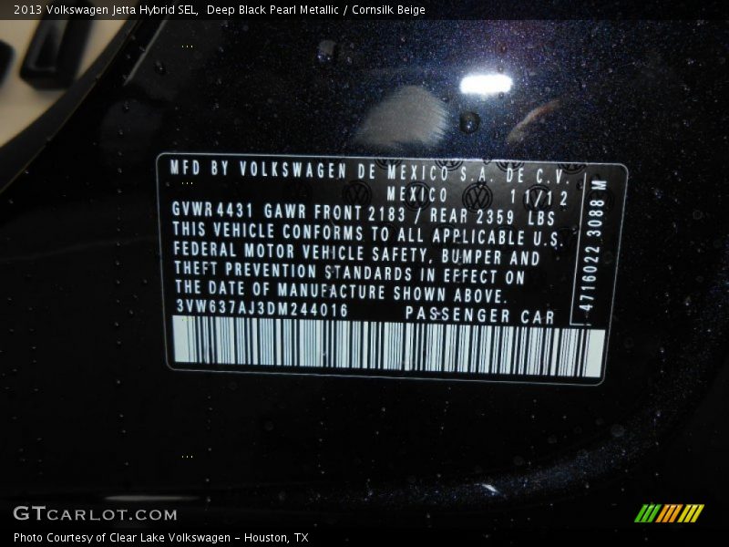 Deep Black Pearl Metallic / Cornsilk Beige 2013 Volkswagen Jetta Hybrid SEL