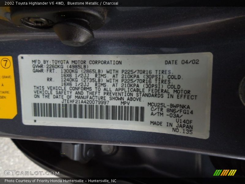 Bluestone Metallic / Charcoal 2002 Toyota Highlander V6 4WD