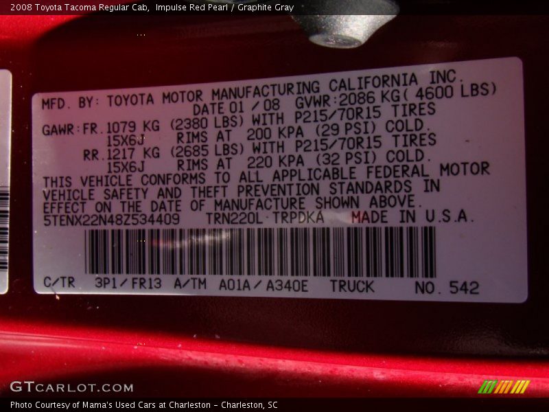 Impulse Red Pearl / Graphite Gray 2008 Toyota Tacoma Regular Cab