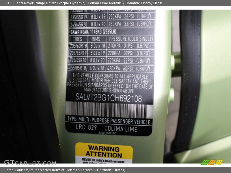 2012 Range Rover Evoque Dynamic Colima Lime Metallic Color Code 829