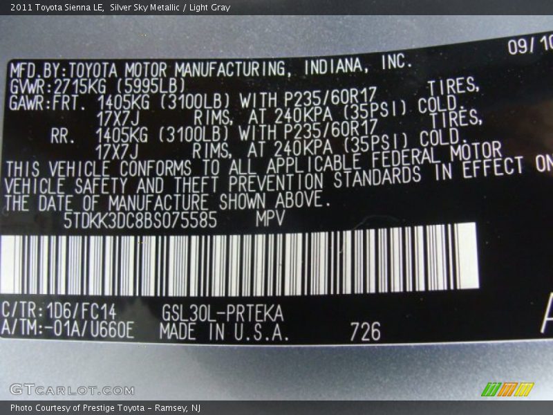 Silver Sky Metallic / Light Gray 2011 Toyota Sienna LE