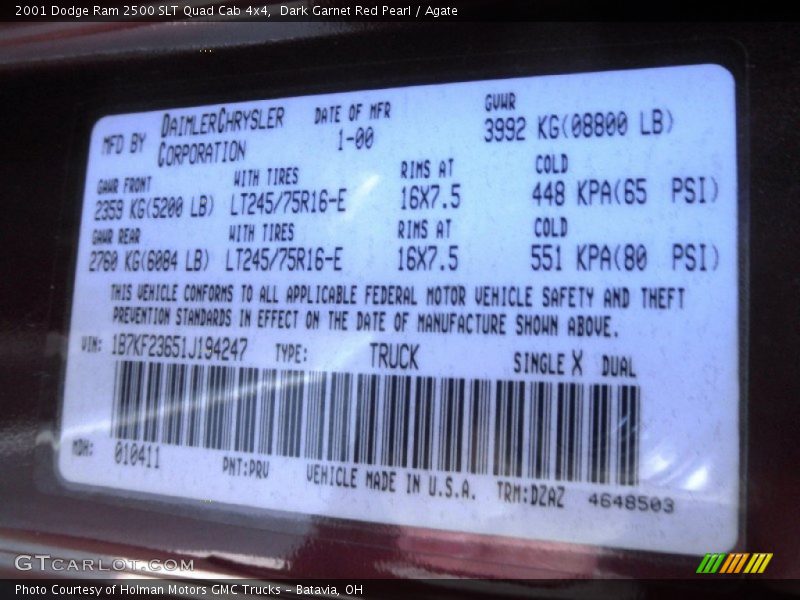 2001 Ram 2500 SLT Quad Cab 4x4 Dark Garnet Red Pearl Color Code PRV