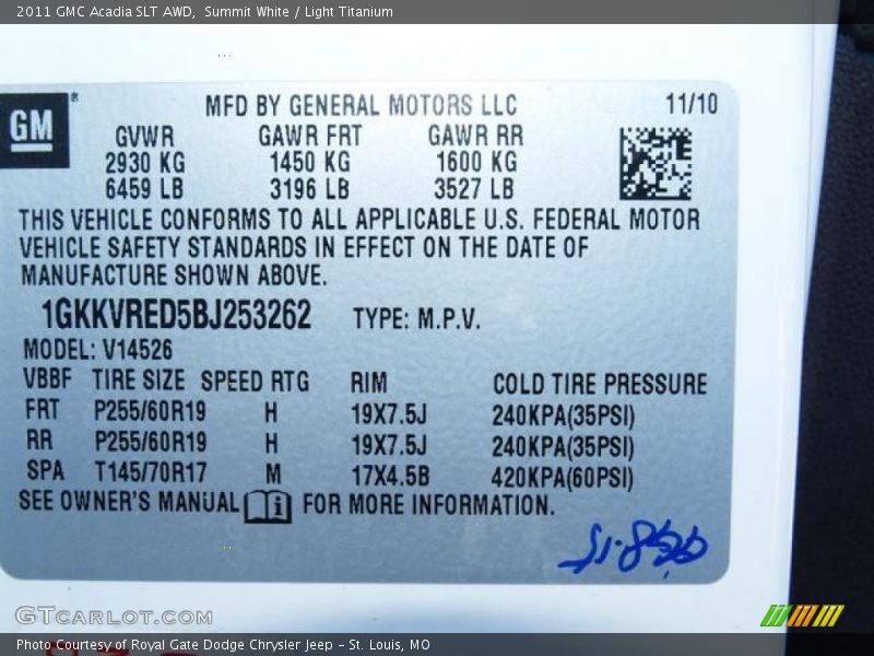 Summit White / Light Titanium 2011 GMC Acadia SLT AWD