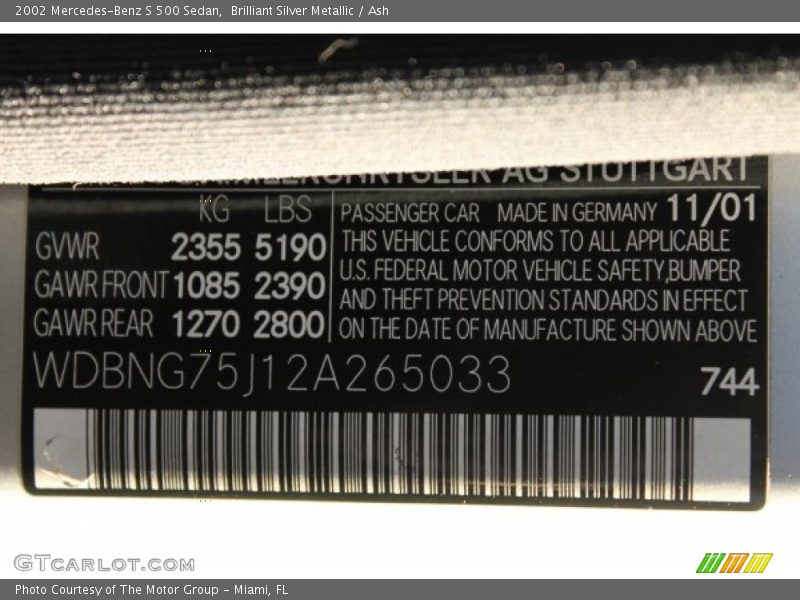 Brilliant Silver Metallic / Ash 2002 Mercedes-Benz S 500 Sedan