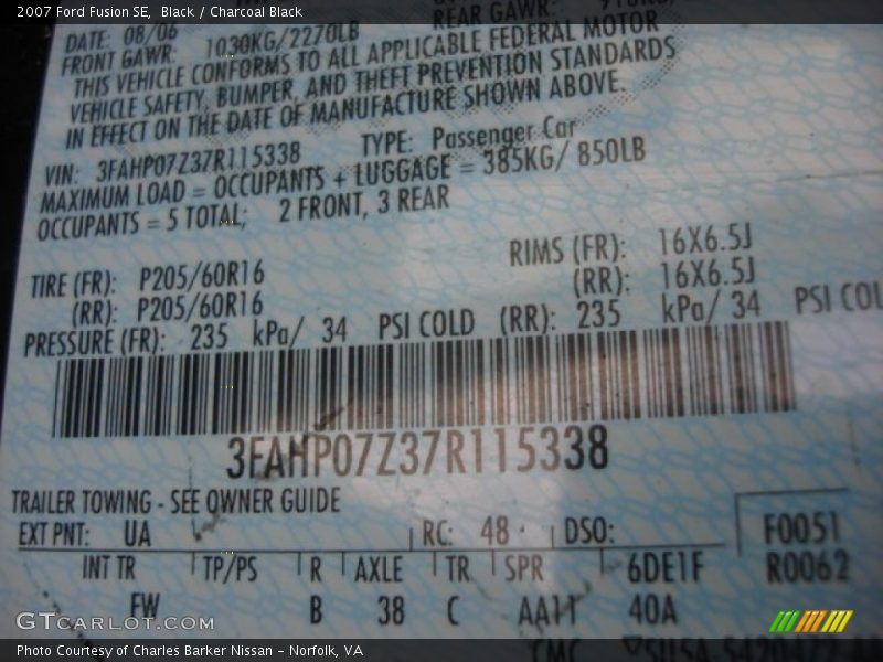 Black / Charcoal Black 2007 Ford Fusion SE