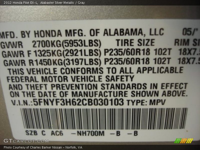 Alabaster Silver Metallic / Gray 2012 Honda Pilot EX-L