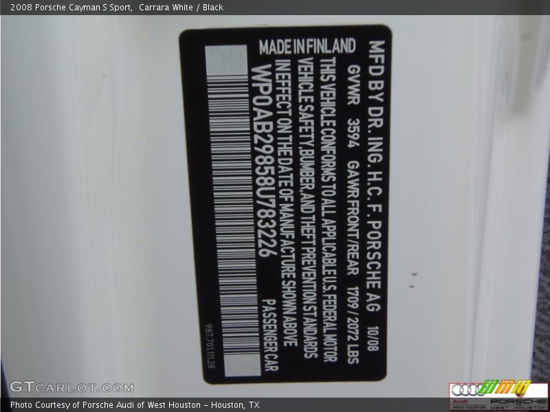 Carrara White / Black 2008 Porsche Cayman S Sport