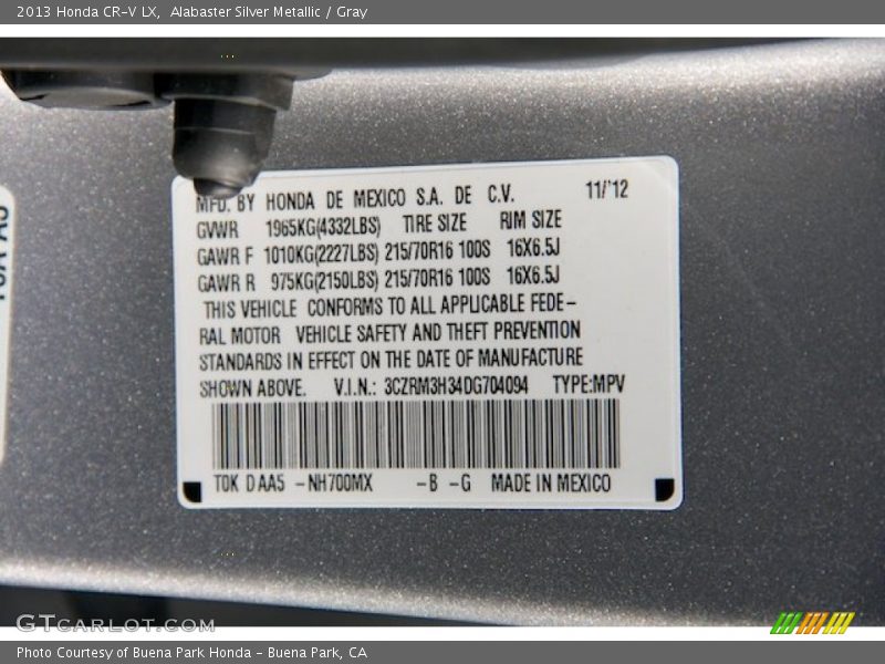 Alabaster Silver Metallic / Gray 2013 Honda CR-V LX