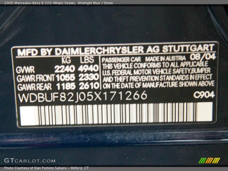 2005 E 320 4Matic Sedan Midnight Blue Color Code 904