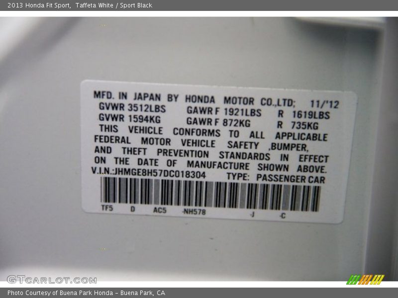 Taffeta White / Sport Black 2013 Honda Fit Sport