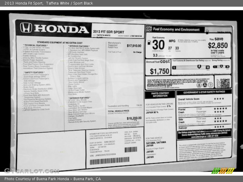 Taffeta White / Sport Black 2013 Honda Fit Sport