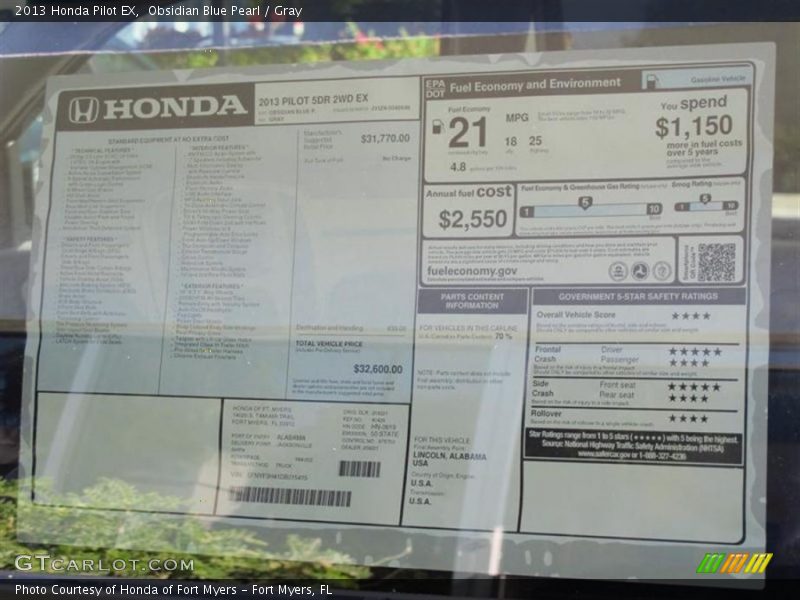 Obsidian Blue Pearl / Gray 2013 Honda Pilot EX