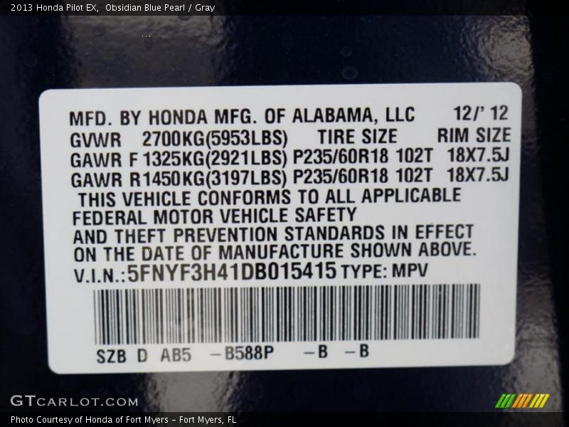 Obsidian Blue Pearl / Gray 2013 Honda Pilot EX