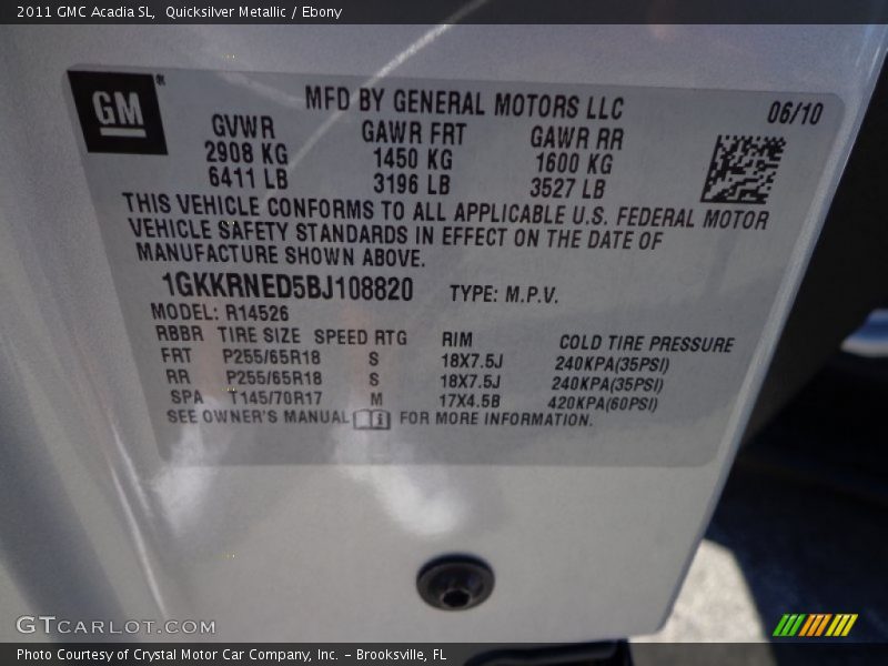 Quicksilver Metallic / Ebony 2011 GMC Acadia SL