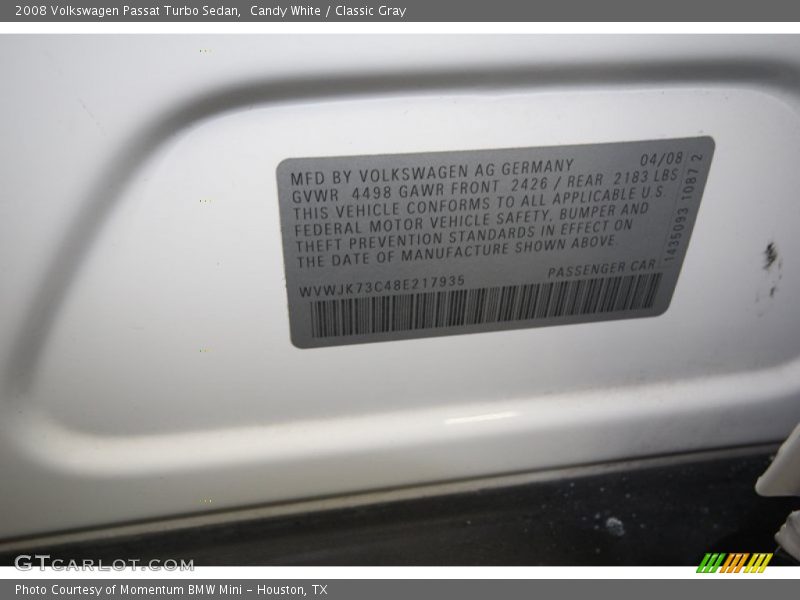 Candy White / Classic Gray 2008 Volkswagen Passat Turbo Sedan